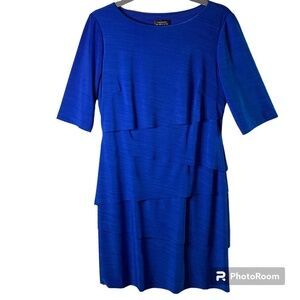 Tahari ASL Dress Size 8 Cobalt Blue Layered Skirt 3/4 Length Sleeves Career